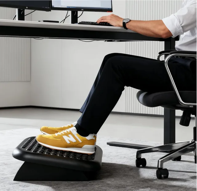 Personne assise à son bureau, les pieds posés sur un repose-pieds incliné