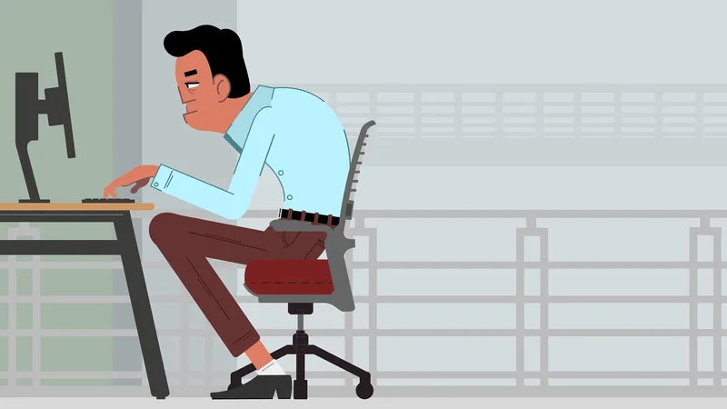 Illustration d'un homme penché devant son écran, assis sur un siège trop haut, les pieds posés sur la base du fauteuil