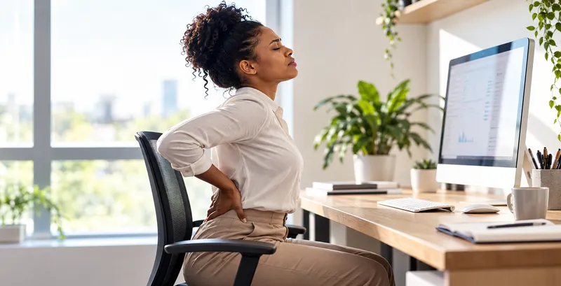 Femme assise à un bureau, une main sur le bas du dos, devant un écran