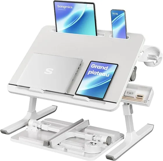Table de lit SONGMICS blanche avec plateau incliné, porte-tablette, porte-gobelet et tiroir latéral